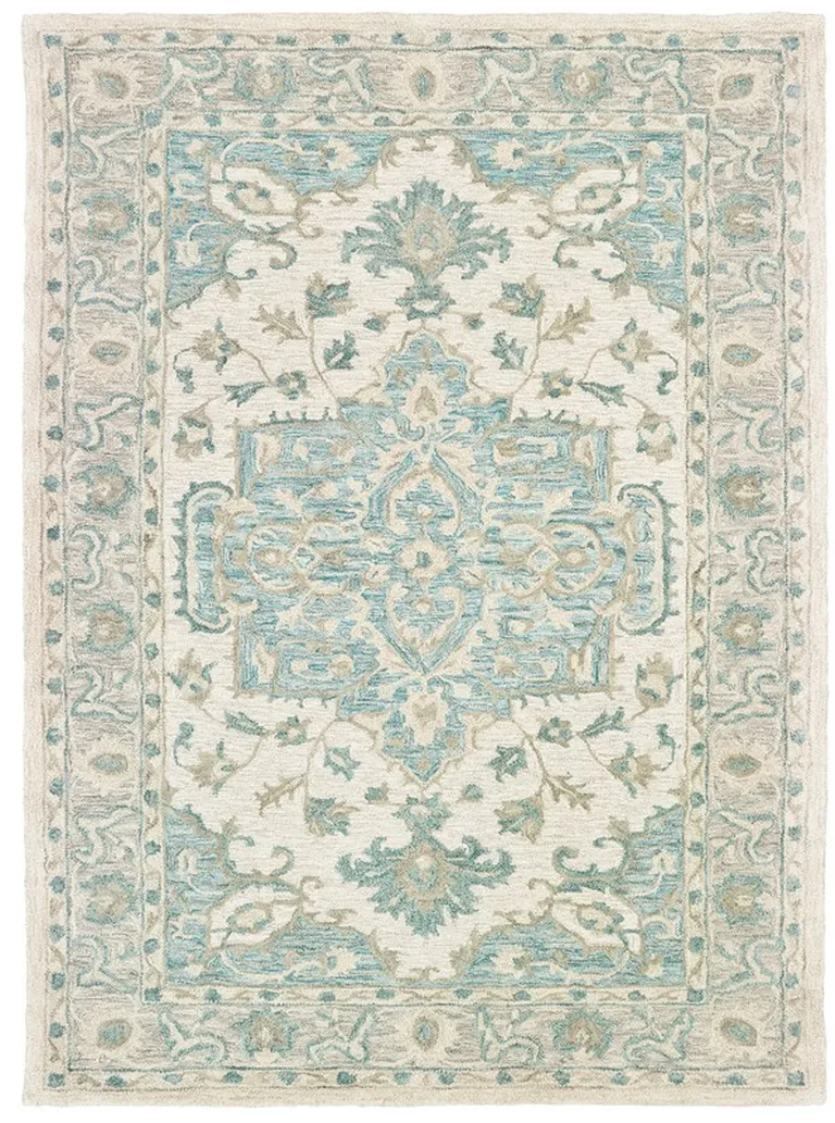 Turquoise and Cream Medallion Area Rug Photo 1