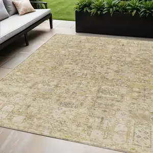 Photo of Wheat Beige And Gray Floral Washable Indoor Outdoor Area Rug