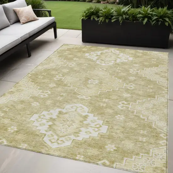 Wheat Gold And Ivory Medallion Washable Indoor Outdoor Area Rug Photo 1