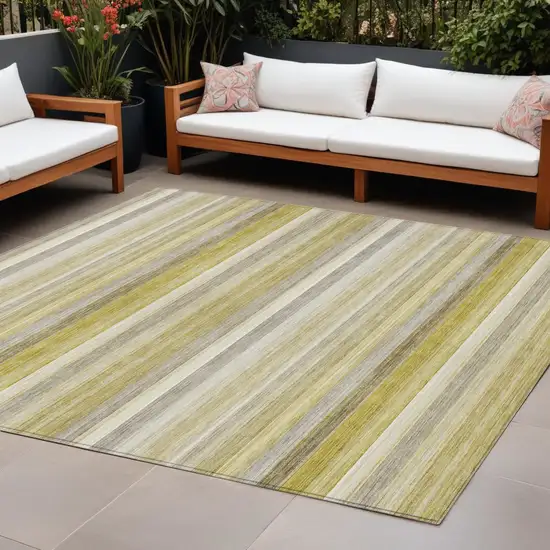 Yellow Beige and Gray Striped Washable Non Skid Indoor Outdoor Area Rug Photo 1