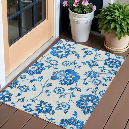 White And Denim Blue Floral Washable Indoor Outdoor Area Rug Photo 1