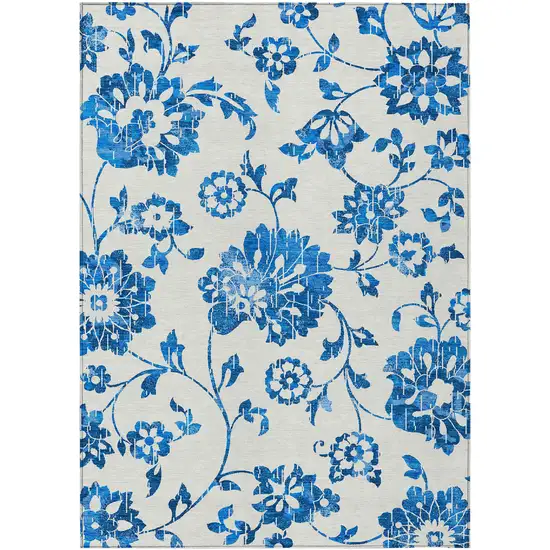 White And Denim Blue Floral Washable Indoor Outdoor Area Rug Photo 2