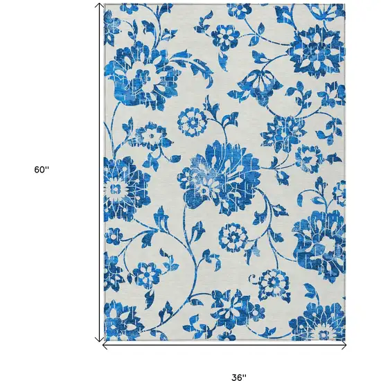 White And Denim Blue Floral Washable Indoor Outdoor Area Rug Photo 3