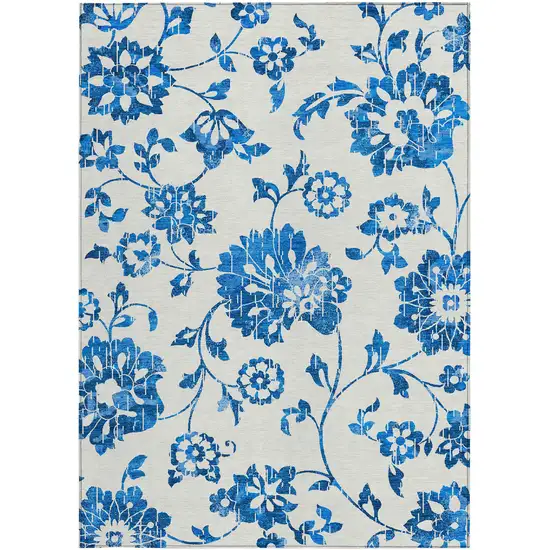 White And Denim Blue Floral Washable Indoor Outdoor Area Rug Photo 7