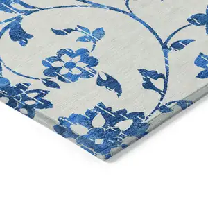 Photo of White And Denim Blue Floral Washable Indoor Outdoor Area Rug