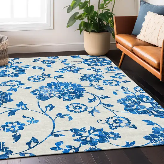 White And Denim Blue Floral Washable Indoor Outdoor Area Rug Photo 9