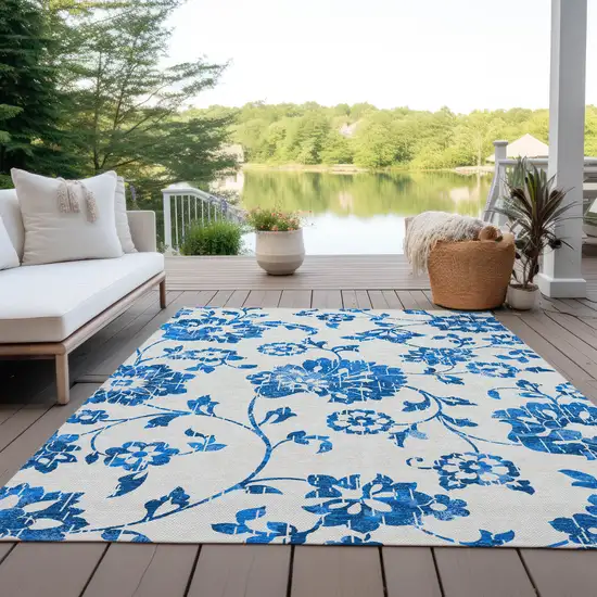 White And Denim Blue Floral Washable Indoor Outdoor Area Rug Photo 8