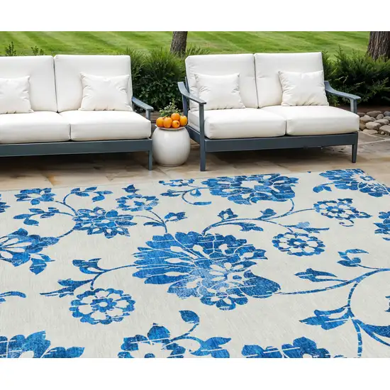 White And Denim Blue Floral Washable Indoor Outdoor Area Rug Photo 1