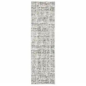 Photo of White And Grey Abstract Power Loom Stain Resistant Runner Rug