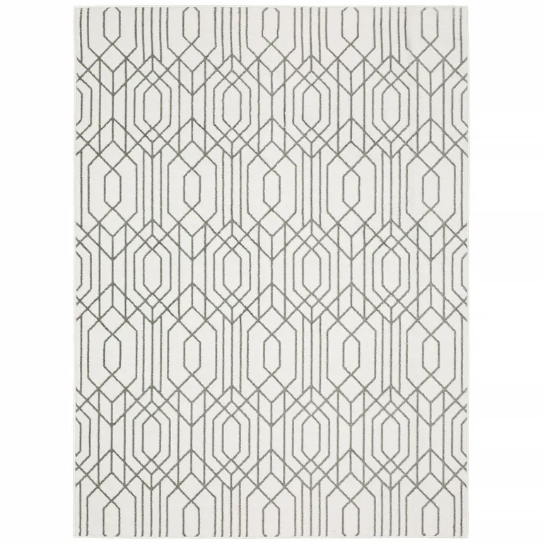 White And Grey Geometric Power Loom Stain Resistant Area Rug Photo 1