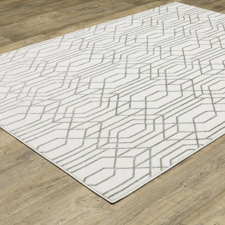 White And Grey Geometric Power Loom Stain Resistant Area Rug Photo 5