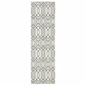 Photo of White And Grey Geometric Power Loom Stain Resistant Runner Rug