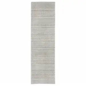 Photo of White And Grey Geometric Power Loom Stain Resistant Runner Rug