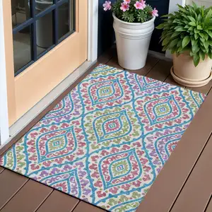 Photo of White Artichoke Green And Purple Floral Washable Indoor Outdoor Area Rug