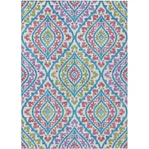 Photo of White Artichoke Green And Purple Floral Washable Indoor Outdoor Area Rug