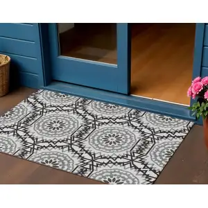 Photo of White Black And Gray Floral Medallion Washable Indoor Outdoor Area Rug