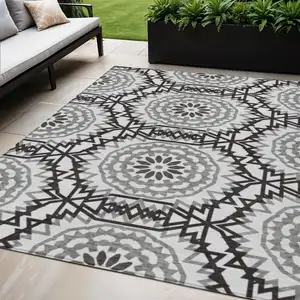 Photo of White Black And Gray Floral Medallion Washable Indoor Outdoor Area Rug