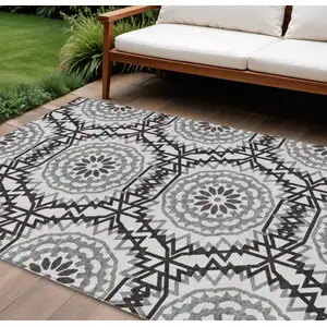 Photo of White Black And Gray Floral Medallion Washable Indoor Outdoor Area Rug