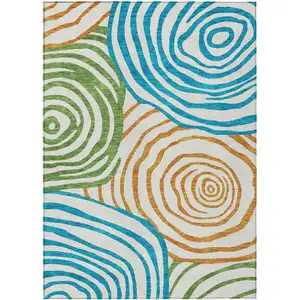 Photo of White Orange And Teal Blue Abstract Washable Indoor Outdoor Area Rug