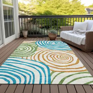 Photo of White Orange And Teal Blue Abstract Washable Indoor Outdoor Area Rug