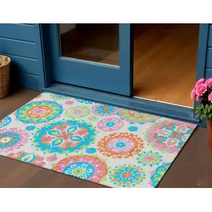 Photo of White Orange And Teal Blue Floral Medallion Washable Indoor Outdoor Area Rug