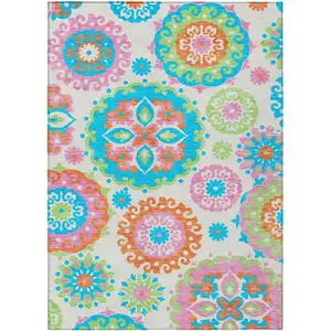 Photo of White Orange And Teal Blue Floral Medallion Washable Indoor Outdoor Area Rug