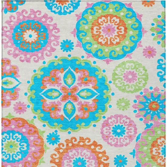 White Orange And Teal Blue Floral Medallion Washable Indoor Outdoor Area Rug Photo 6