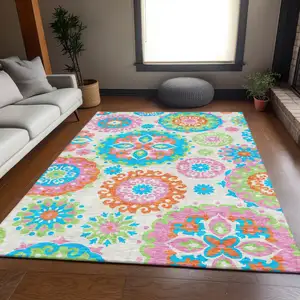 Photo of White Orange And Teal Blue Floral Medallion Washable Indoor Outdoor Area Rug