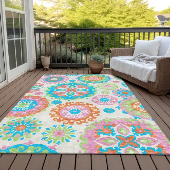 White Orange And Teal Blue Floral Medallion Washable Indoor Outdoor Area Rug Photo 7