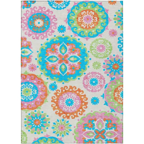 White Orange And Teal Blue Floral Medallion Washable Indoor Outdoor Area Rug Photo 1