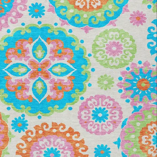 White Orange And Teal Blue Floral Medallion Washable Indoor Outdoor Area Rug Photo 4