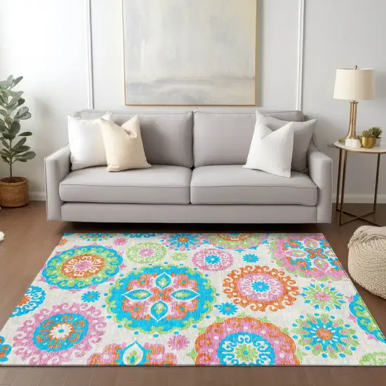 White Orange And Teal Blue Floral Medallion Washable Indoor Outdoor Area Rug Photo 9