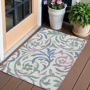 Photo of White Purple And Sage Floral Washable Indoor Outdoor Area Rug