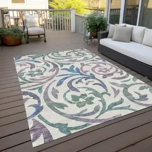 Photo of White Purple And Sage Floral Washable Indoor Outdoor Area Rug