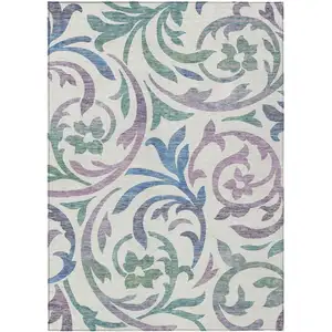 Photo of White Purple And Sage Floral Washable Indoor Outdoor Area Rug