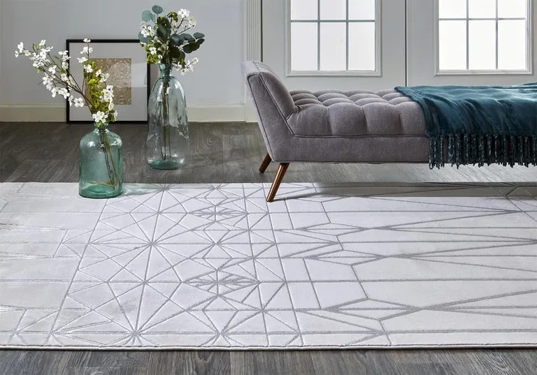 White Silver And Gray Geometric Stain Resistant Area Rug Photo 4