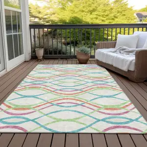 Photo of White Teal Blue And Lime Green Abstract Washable Indoor Outdoor Area Rug