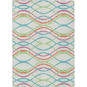 Photo of White Teal Blue And Lime Green Abstract Washable Indoor Outdoor Area Rug