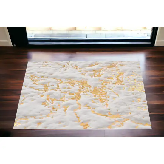 White and Gold Faux Fur Abstract Shag Non Skid Area Rug Photo 1