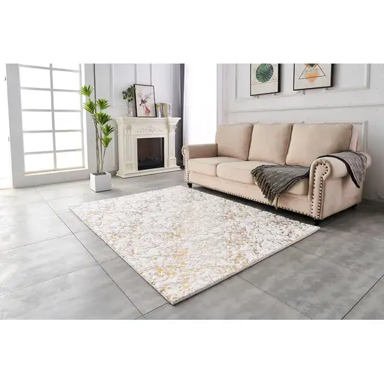 White and Gold Faux Fur Abstract Shag Non Skid Area Rug Photo 9