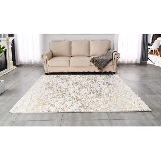 White and Gold Faux Fur Abstract Shag Non Skid Area Rug Photo 8