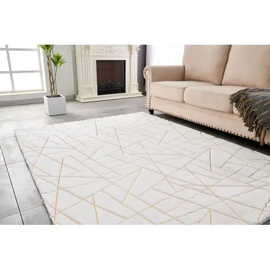 White and Gold Faux Fur Abstract Shag Non Skid Area Rug Photo 7