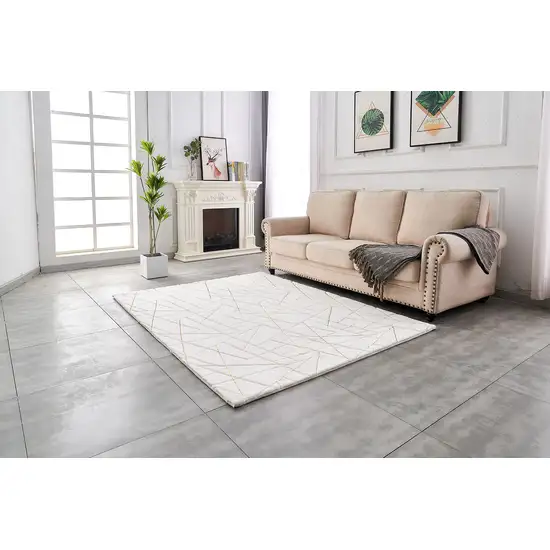 White and Gold Faux Fur Abstract Shag Non Skid Area Rug Photo 8