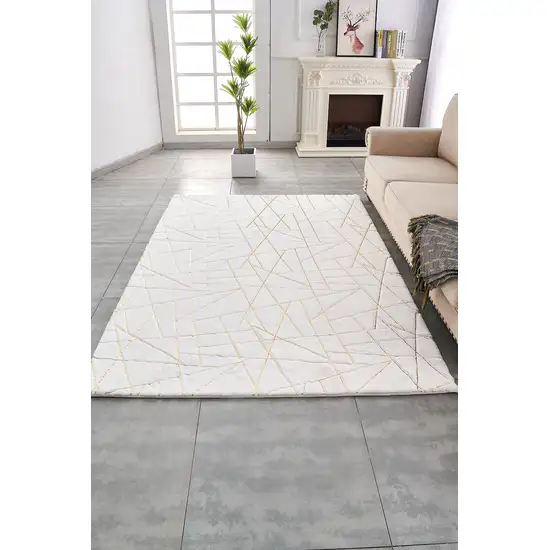 White and Gold Faux Fur Abstract Shag Non Skid Area Rug Photo 8