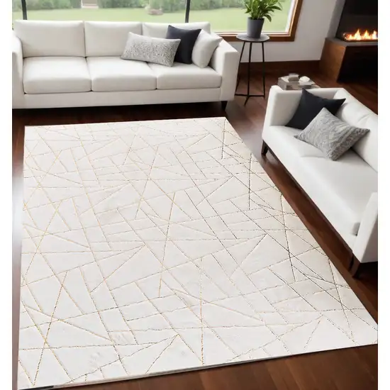 White and Gold Faux Fur Abstract Shag Non Skid Area Rug Photo 2