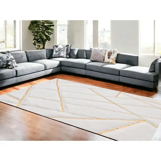 White and Gold Faux Sheepskin Abstract Geometric Machine Tufted Washable Non Skid Area Rug Photo 2