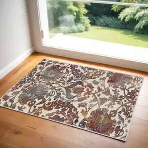 Photo of White and Golden Brown Floral Distressed Non Skid Area Rug