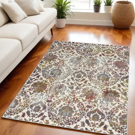 White and Golden Brown Floral Distressed Non Skid Area Rug Photo 1