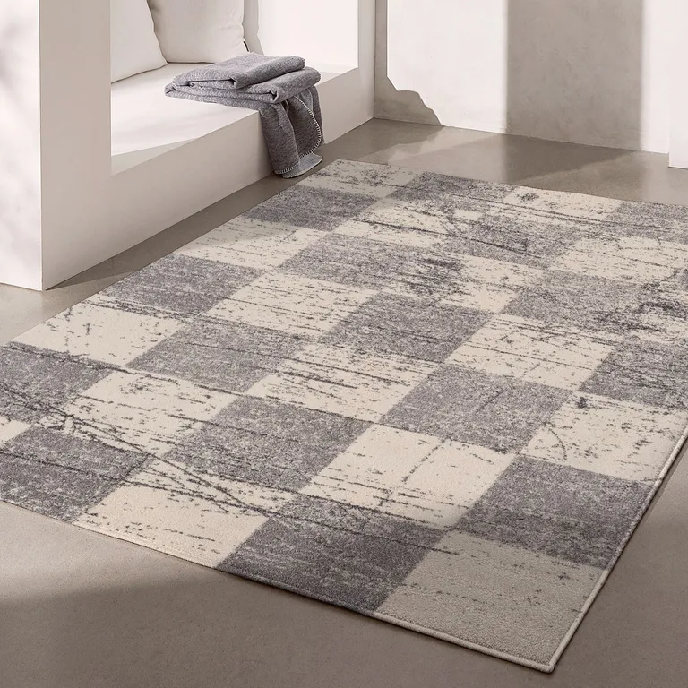 White and Gray Checkered Area Rug Photo 2