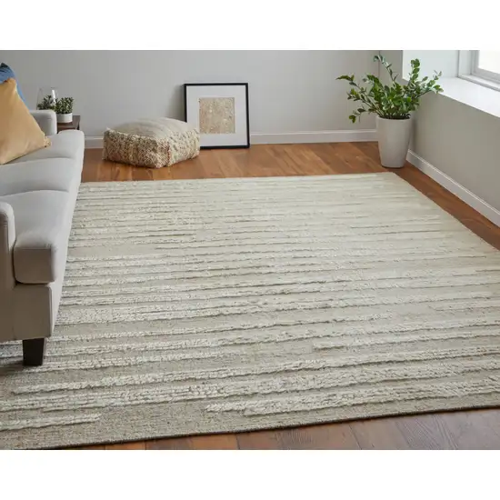 White and Tan Wool Striped Hand Woven Area Rug Photo 9